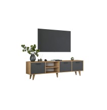 Mueble TV Antracita Nogal Melamina Natural - Patas Madera - 180x29.7x48.6 cm - 3 Cajones y Estantes.