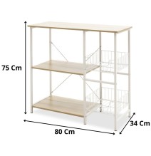 Estanteria de Cocina con 2 Cestas de Malla Metálica Blanca, 3 Estantes y Ganchos 80x34x75cm Color Madera y Blanco