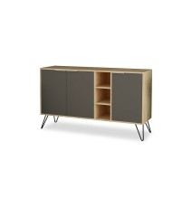 Buffet en Roble Claro y Grafito 3 puertas con Patas de Metal, 142x35.5x83 cm.